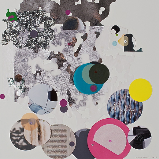 Andrés Ferrandis, Madeja #2, 2013, Signed and dated lower right, Paper, silk screened polyester, acrylic, photograph, and silver paper, 24 x 24 in, 61 x 61 cm